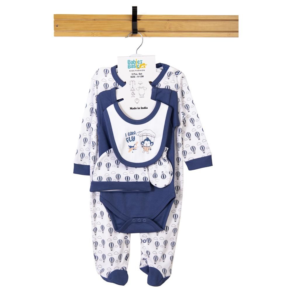 Babies Basic - 5pc Cotton Set - Bib, Romper, Mittens, Cap & Sleepsuit - I can Fly - Blue