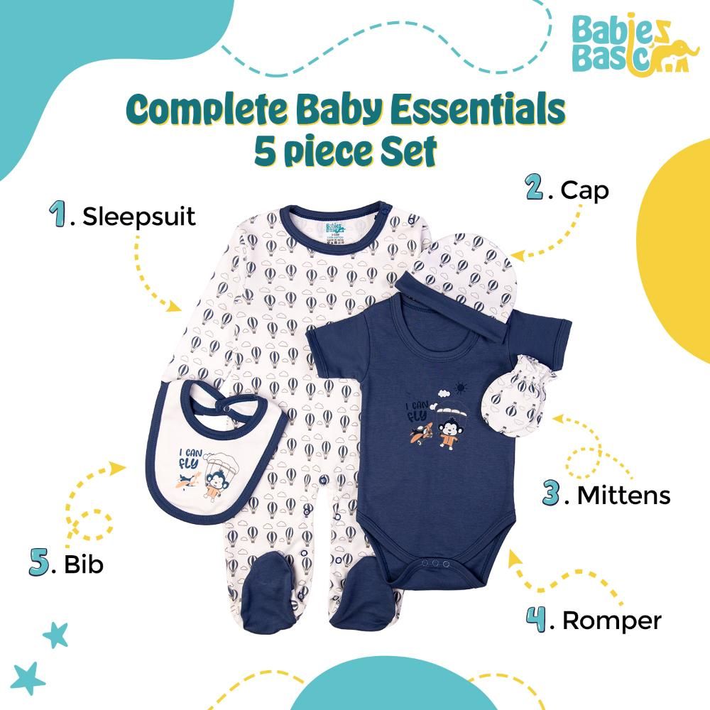 Babies Basic - 5pc Cotton Set - Bib, Romper, Mittens, Cap & Sleepsuit - I can Fly - Blue