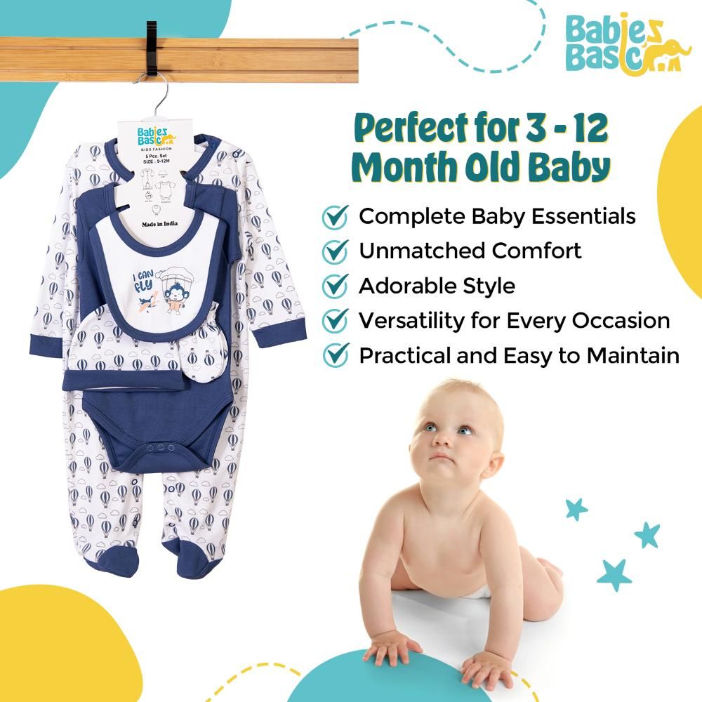 Babies Basic - 5pc Cotton Set - Bib, Romper, Mittens, Cap & Sleepsuit - I can Fly - Blue