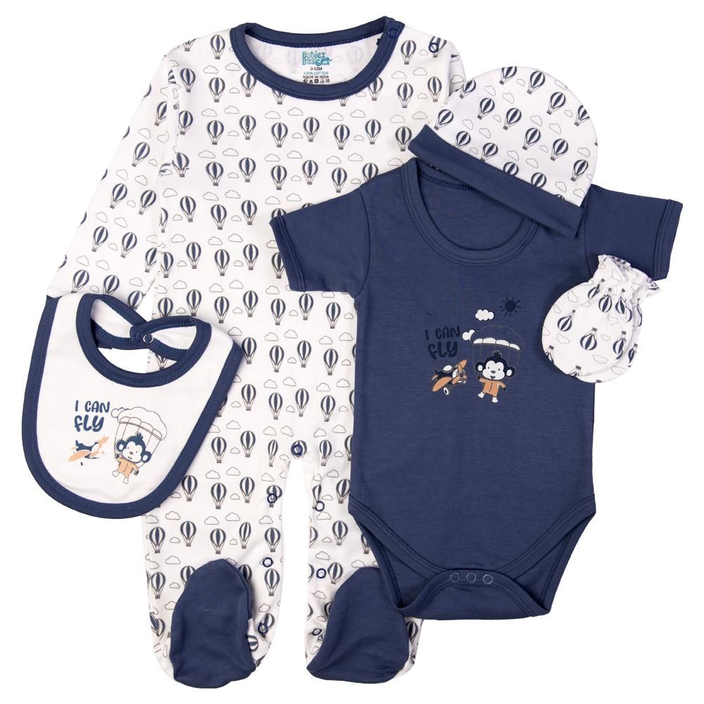 Babies Basic - 5pc Cotton Set - Bib, Romper, Mittens, Cap & Sleepsuit - I can Fly - Blue