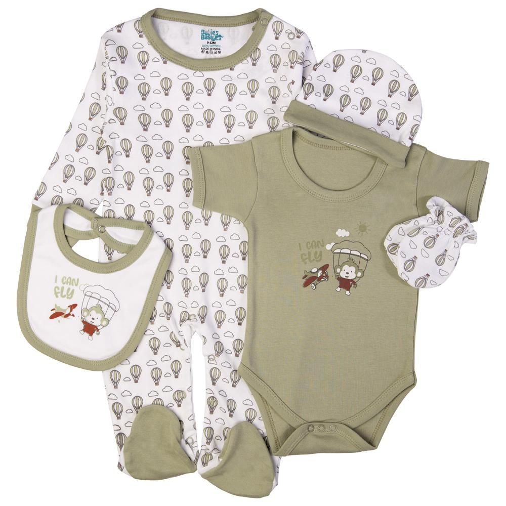 Babies Basic - 5pc Cotton Set - Bib, Romper, Mittens, Cap & Sleepsuit - I can Fly - Pistachio