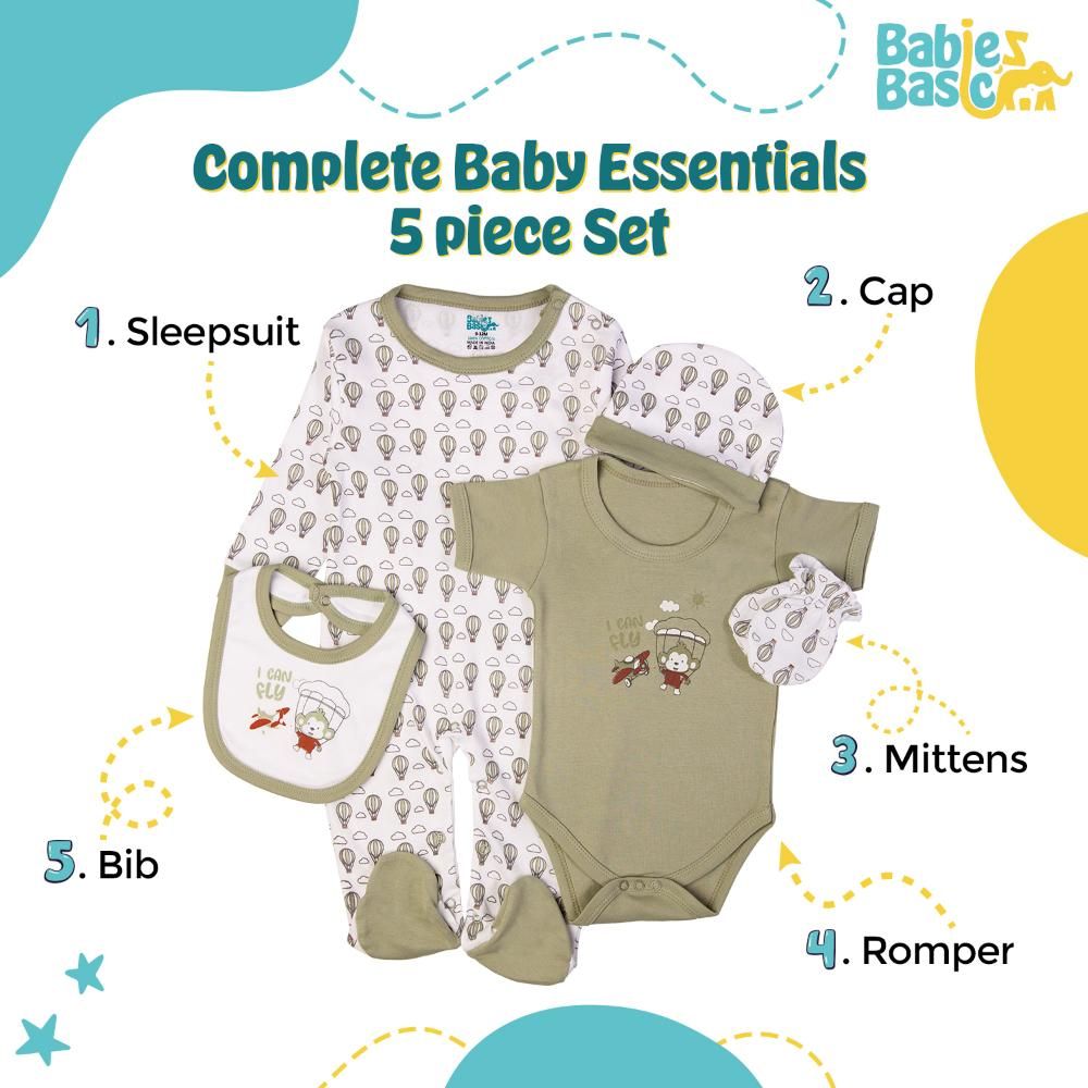 Babies Basic - 5pc Cotton Set - Bib, Romper, Mittens, Cap & Sleepsuit - I can Fly - Pistachio