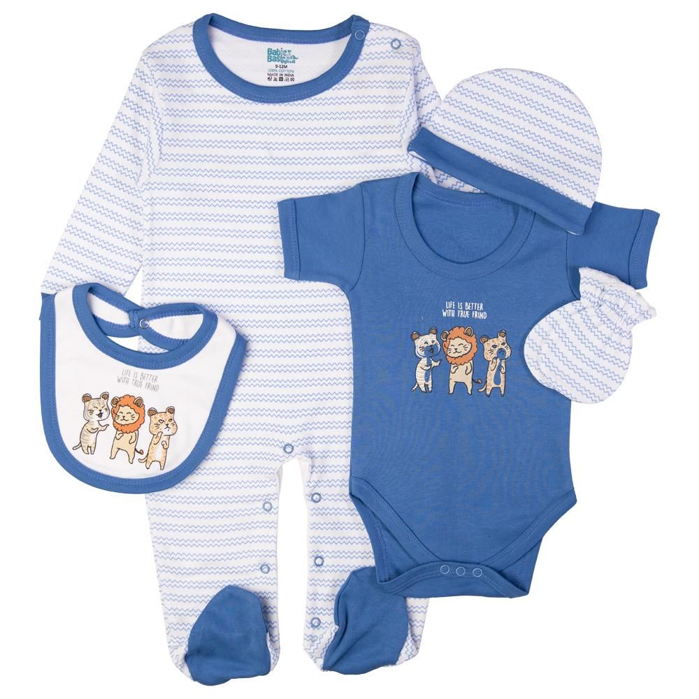 Babies Basic - 5pc Set - Bib, Romper, Mittens, Cap & Sleepsuit - Life is Better - Blue