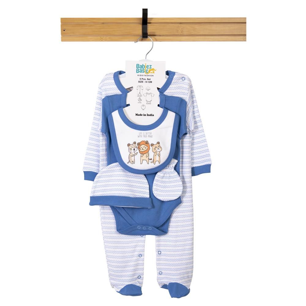 Babies Basic - 5pc Set - Bib, Romper, Mittens, Cap & Sleepsuit - Life is Better - Blue