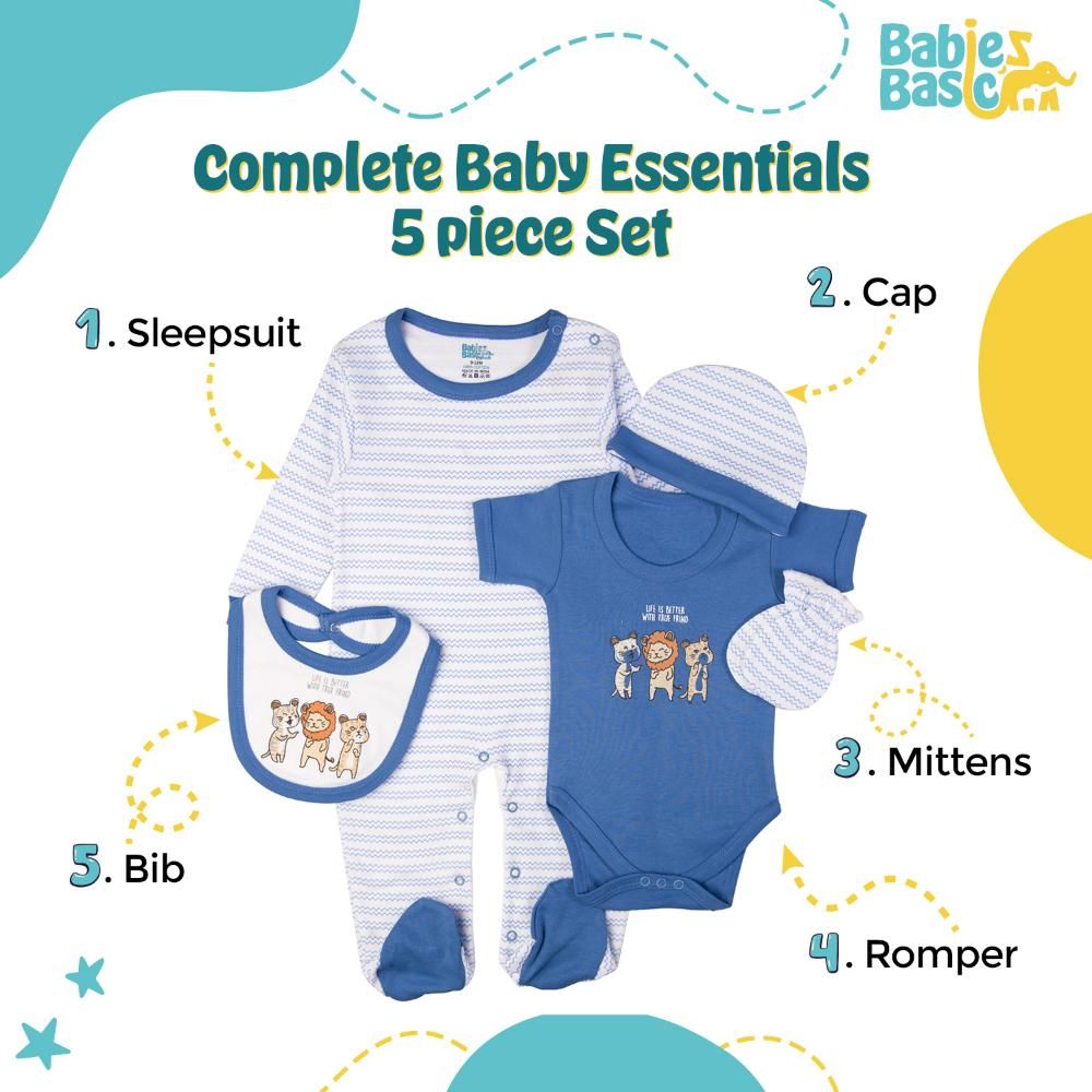 Babies Basic - 5pc Set - Bib, Romper, Mittens, Cap & Sleepsuit - Life is Better - Blue