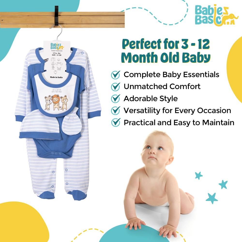 Babies Basic - 5pc Set - Bib, Romper, Mittens, Cap & Sleepsuit - Life is Better - Blue