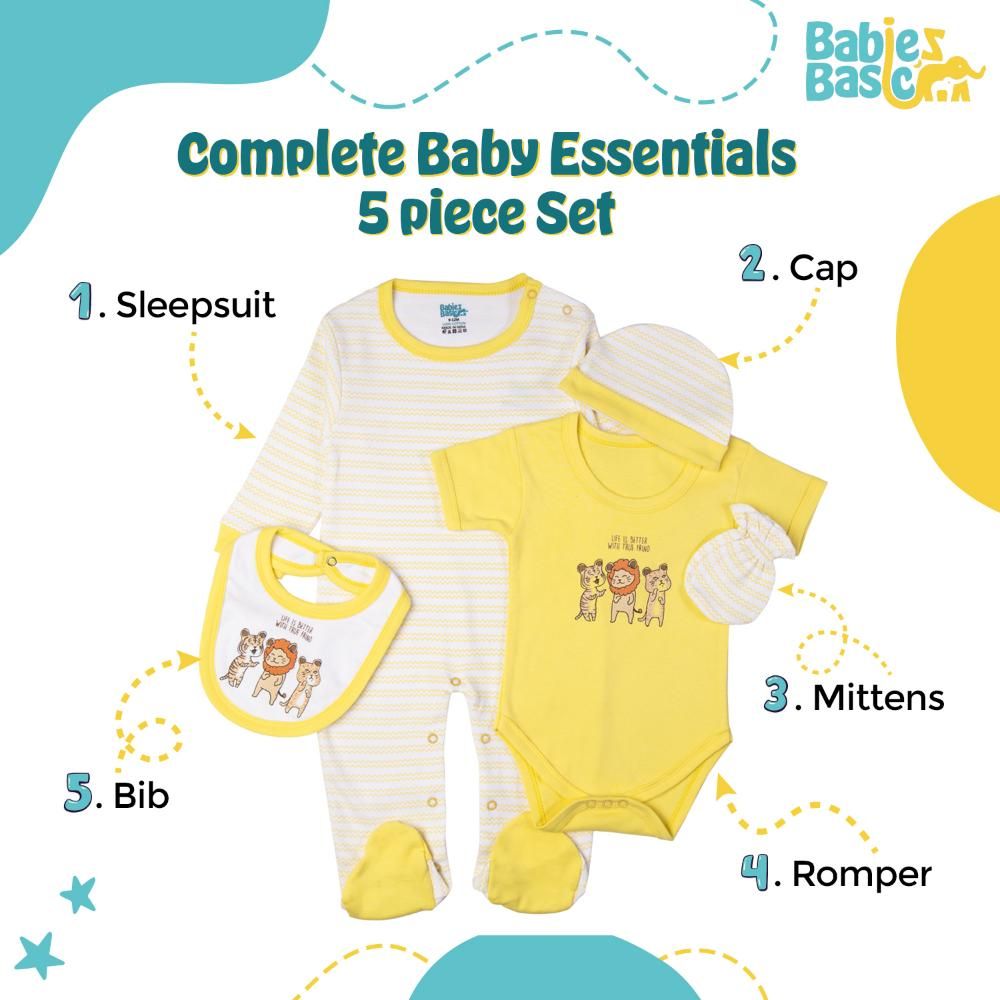 Babies Basic - 5pc Set - Bib, Romper, Mittens, Cap & Sleepsuit - Life is Better - Lemon