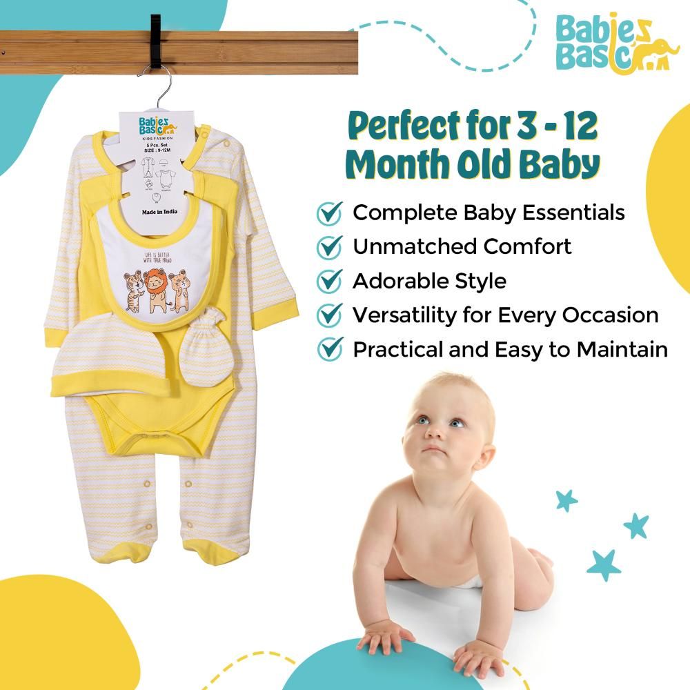 Babies Basic - 5pc Set - Bib, Romper, Mittens, Cap & Sleepsuit - Life is Better - Lemon