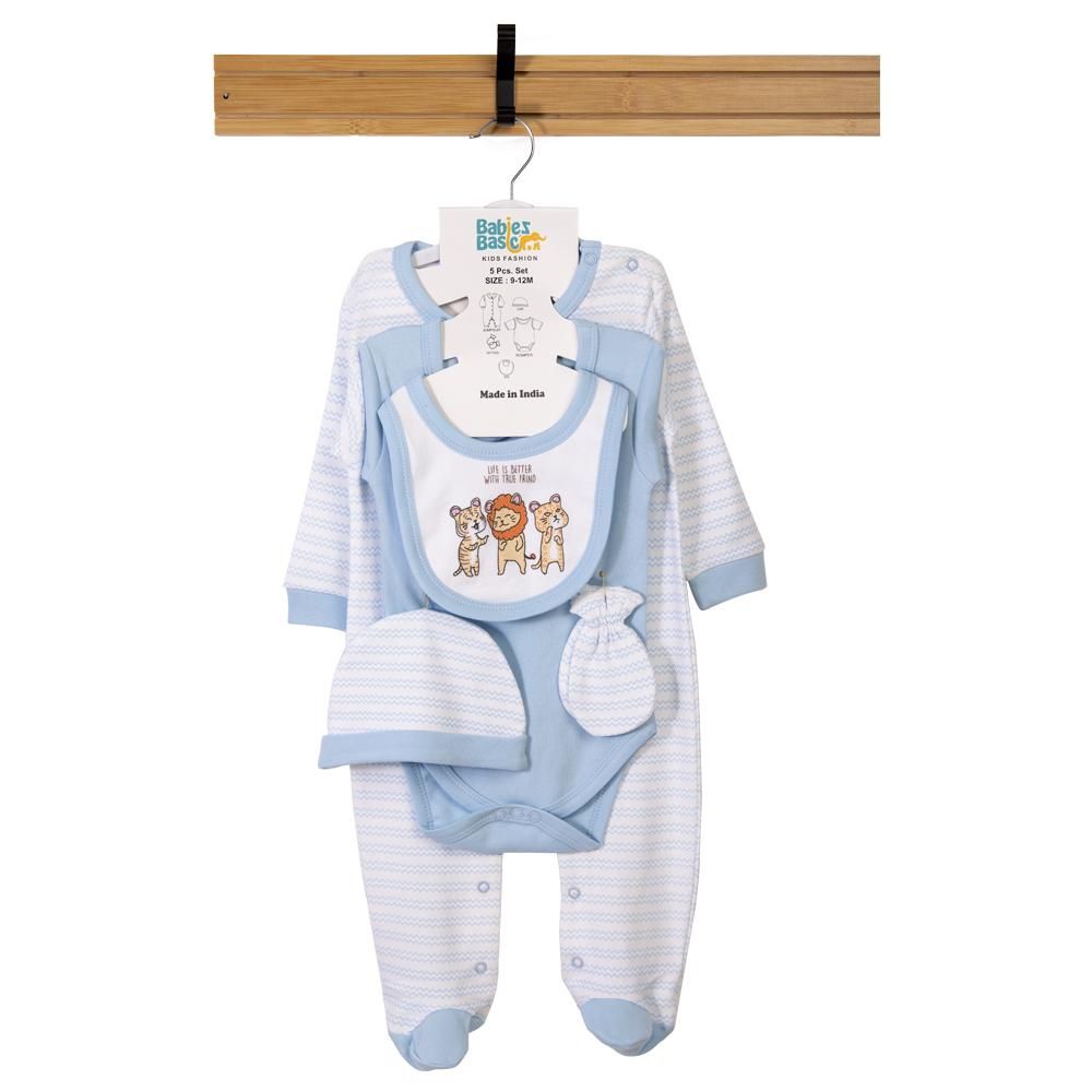 Babies Basic - 5pc Set - Bib, Romper, Mittens, Cap & Sleepsuit - Life is Better - Sky Blue