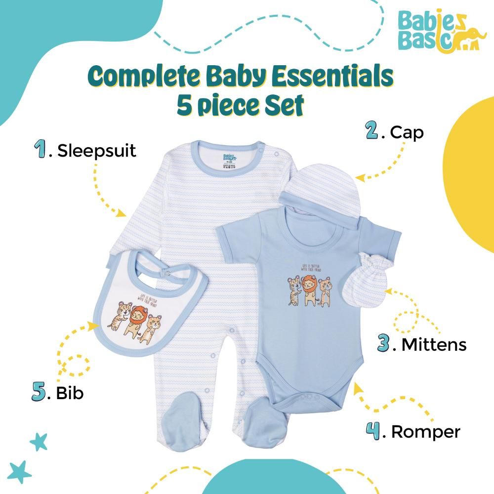 Babies Basic - 5pc Set - Bib, Romper, Mittens, Cap & Sleepsuit - Life is Better - Sky Blue