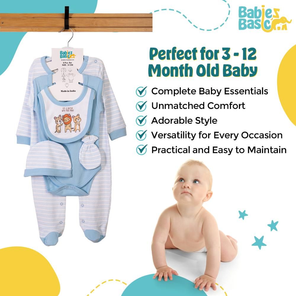 Babies Basic - 5pc Set - Bib, Romper, Mittens, Cap & Sleepsuit - Life is Better - Sky Blue