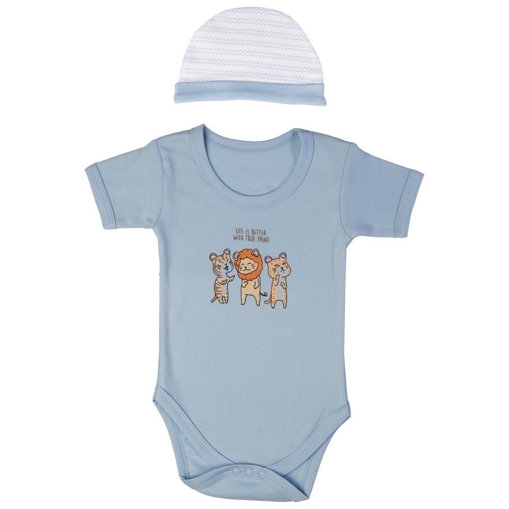 Babies Basic - 5pc Set - Bib, Romper, Mittens, Cap & Sleepsuit - Life is Better - Sky Blue