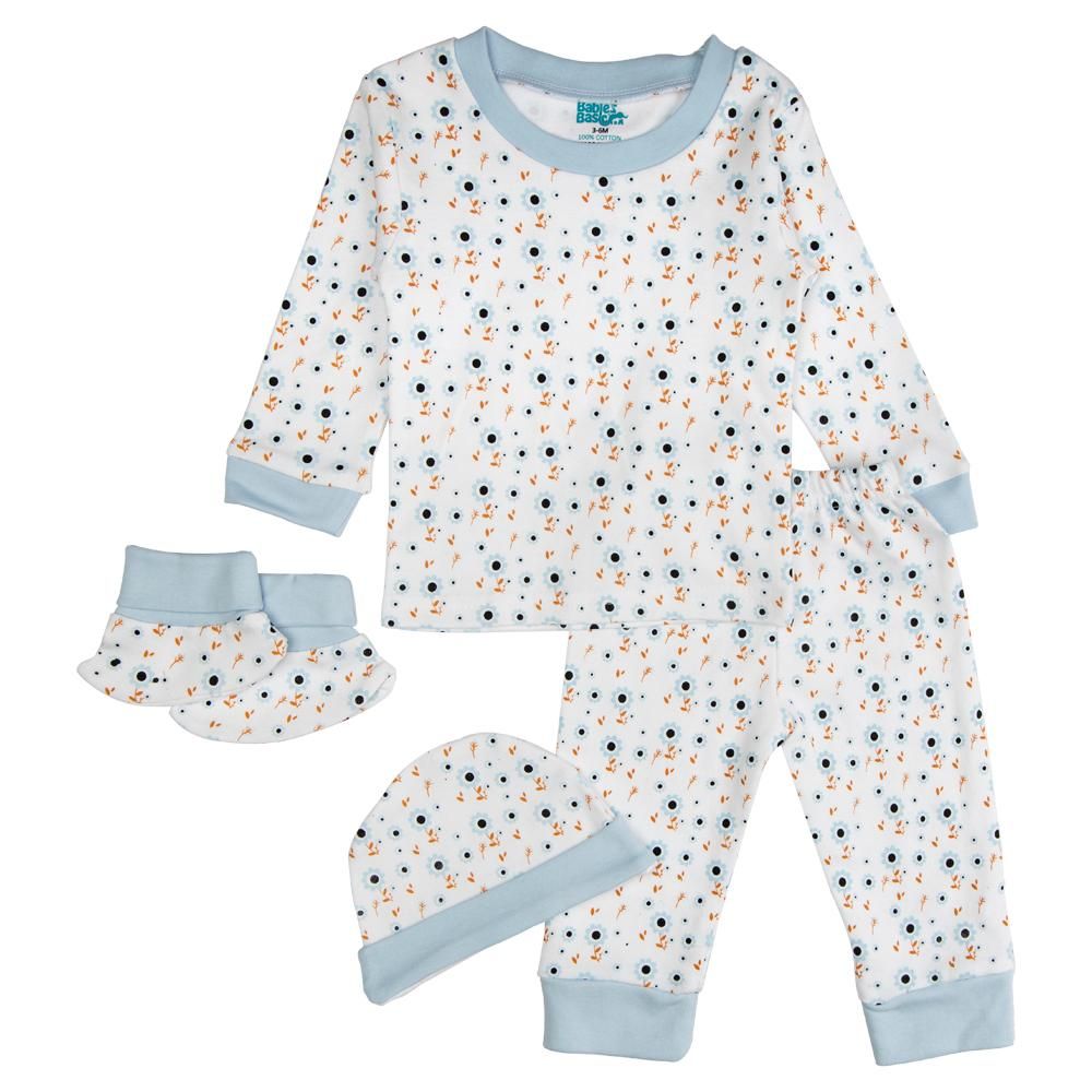 Babies Basic - 7pc Cotton Set - Bib, Romper, Mittens, Socks, Cap, Top & Pyjama - Blue