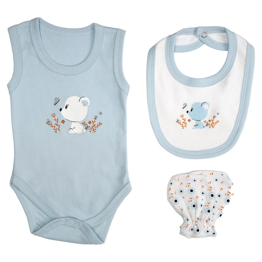 Babies Basic - 7pc Cotton Set - Bib, Romper, Mittens, Socks, Cap, Top & Pyjama - Blue