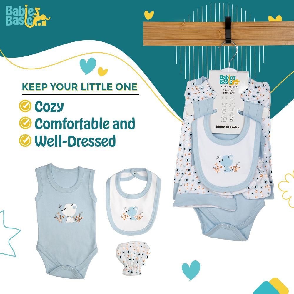 Babies Basic - 7pc Cotton Set - Bib, Romper, Mittens, Socks, Cap, Top & Pyjama - Blue