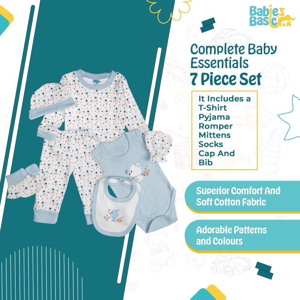 Babies Basic - 7pc Cotton Set - Bib, Romper, Mittens, Socks, Cap, Top & Pyjama - Blue