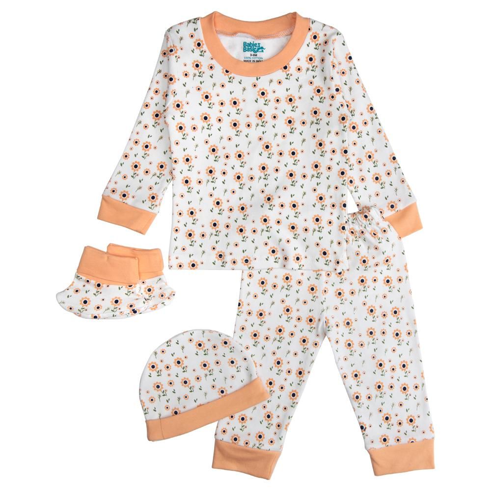 Babies Basic - 7pc Cotton Set - Bib, Romper, Mittens, Socks, Cap, Top & Pyjama - Peach