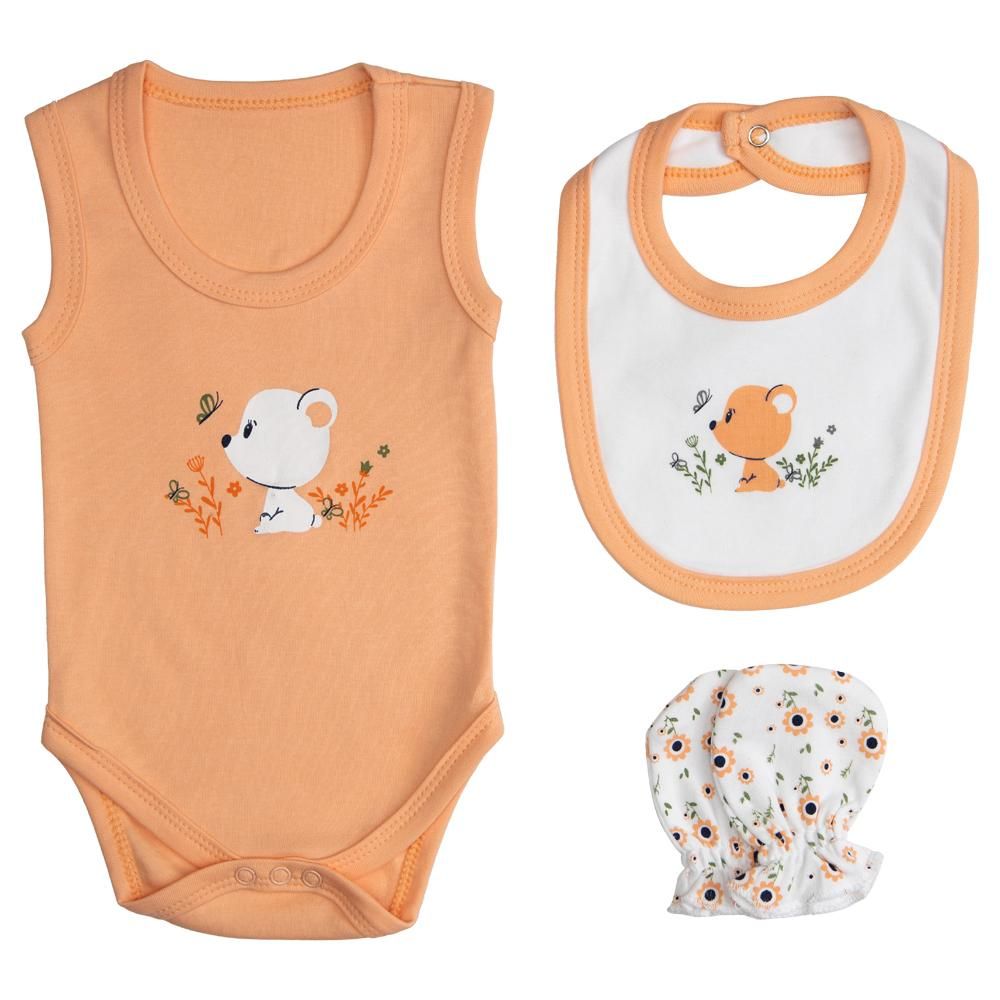 Babies Basic - 7pc Cotton Set - Bib, Romper, Mittens, Socks, Cap, Top & Pyjama - Peach