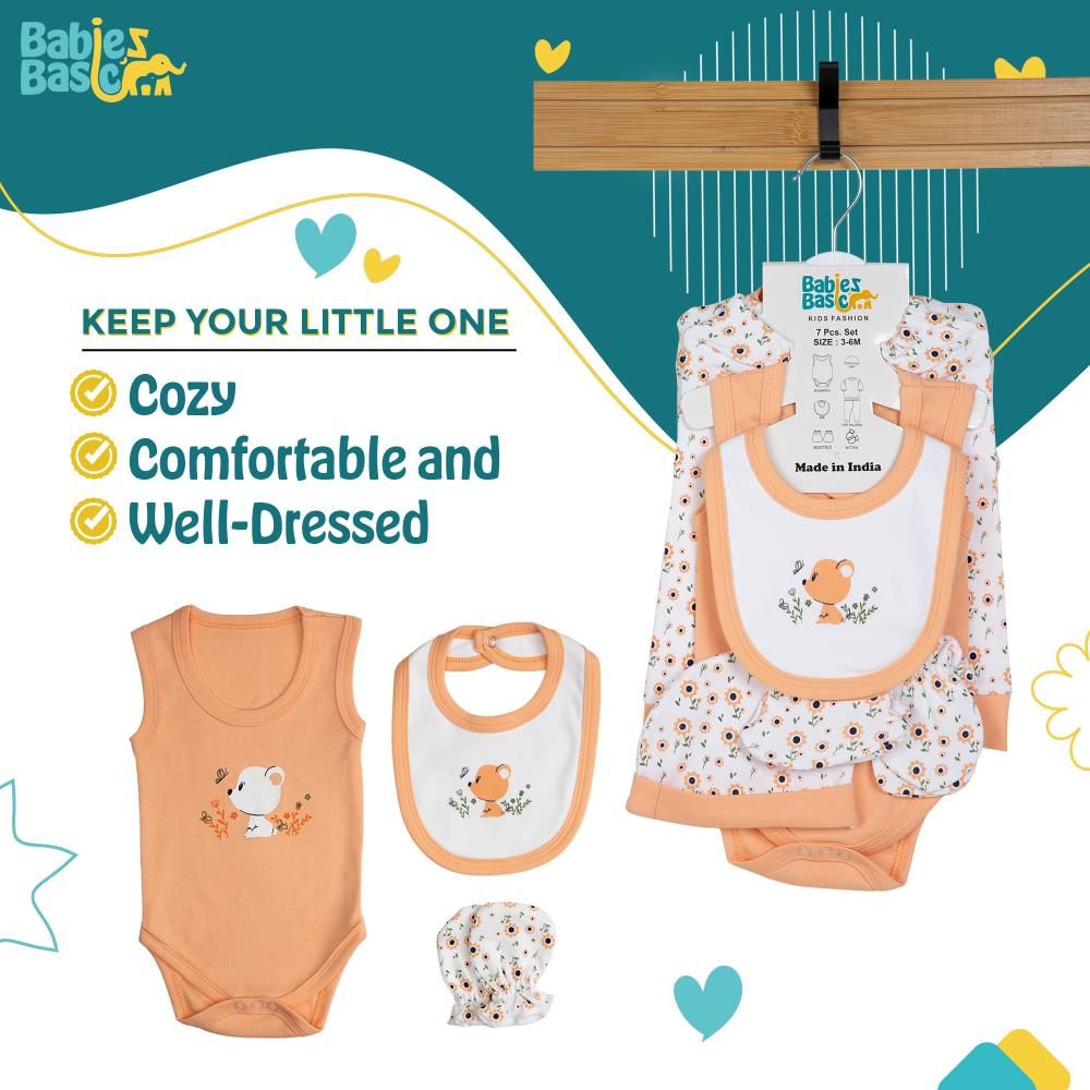 Babies Basic - 7pc Cotton Set - Bib, Romper, Mittens, Socks, Cap, Top & Pyjama - Peach