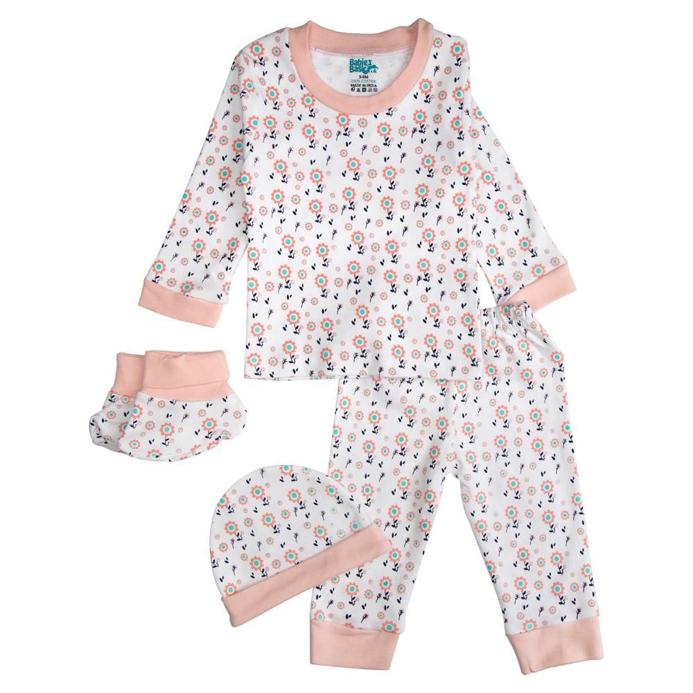 Babies Basic - 7pc Cotton Set - Bib, Romper, Mittens, Socks, Cap, Top & Pyjama - Pink