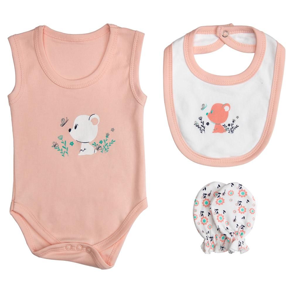 Babies Basic - 7pc Cotton Set - Bib, Romper, Mittens, Socks, Cap, Top & Pyjama - Pink