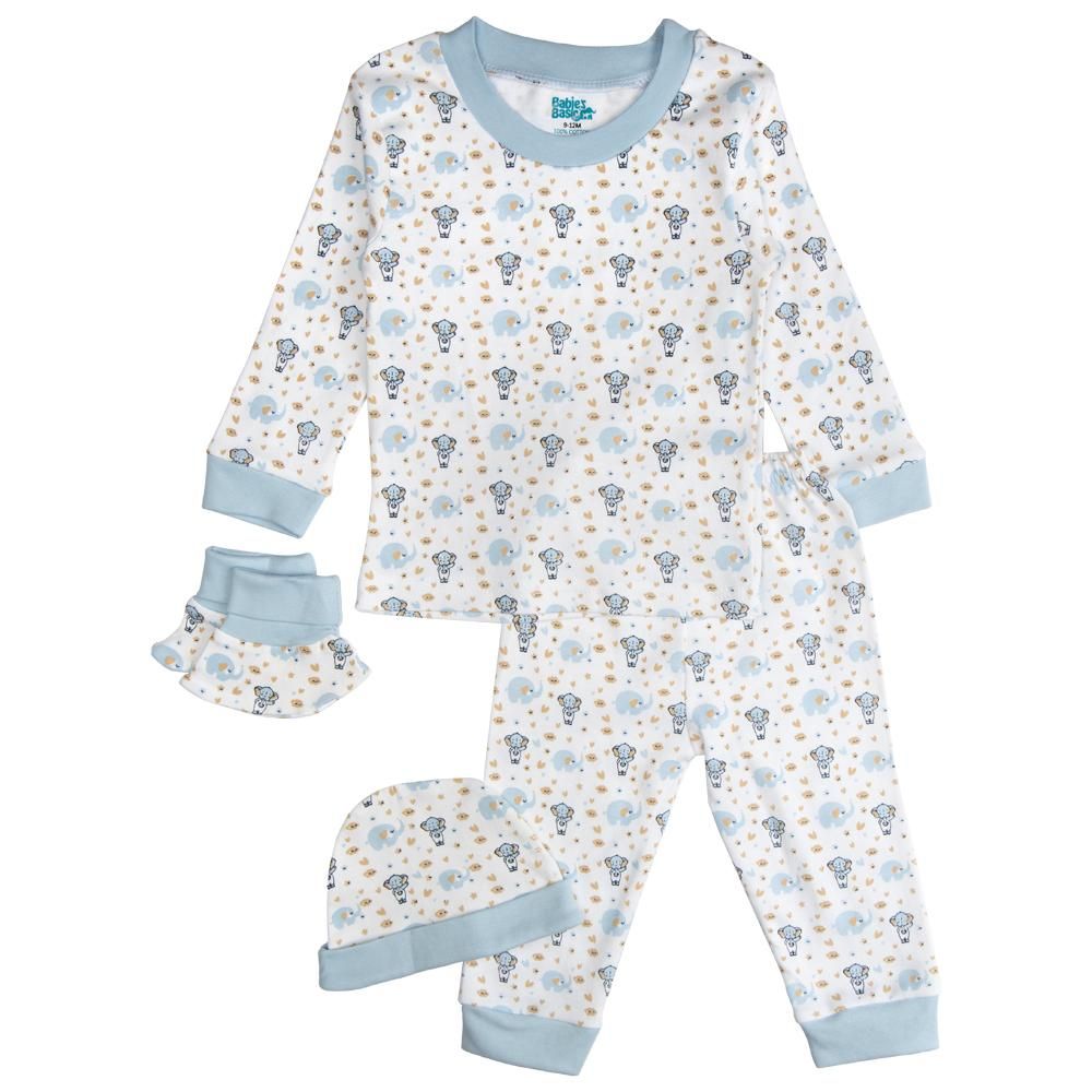 Babies Basic - 7pc Cotton Set - Bib, Romper, Mittens, Socks, Cap, Top & Pyjama - Blue