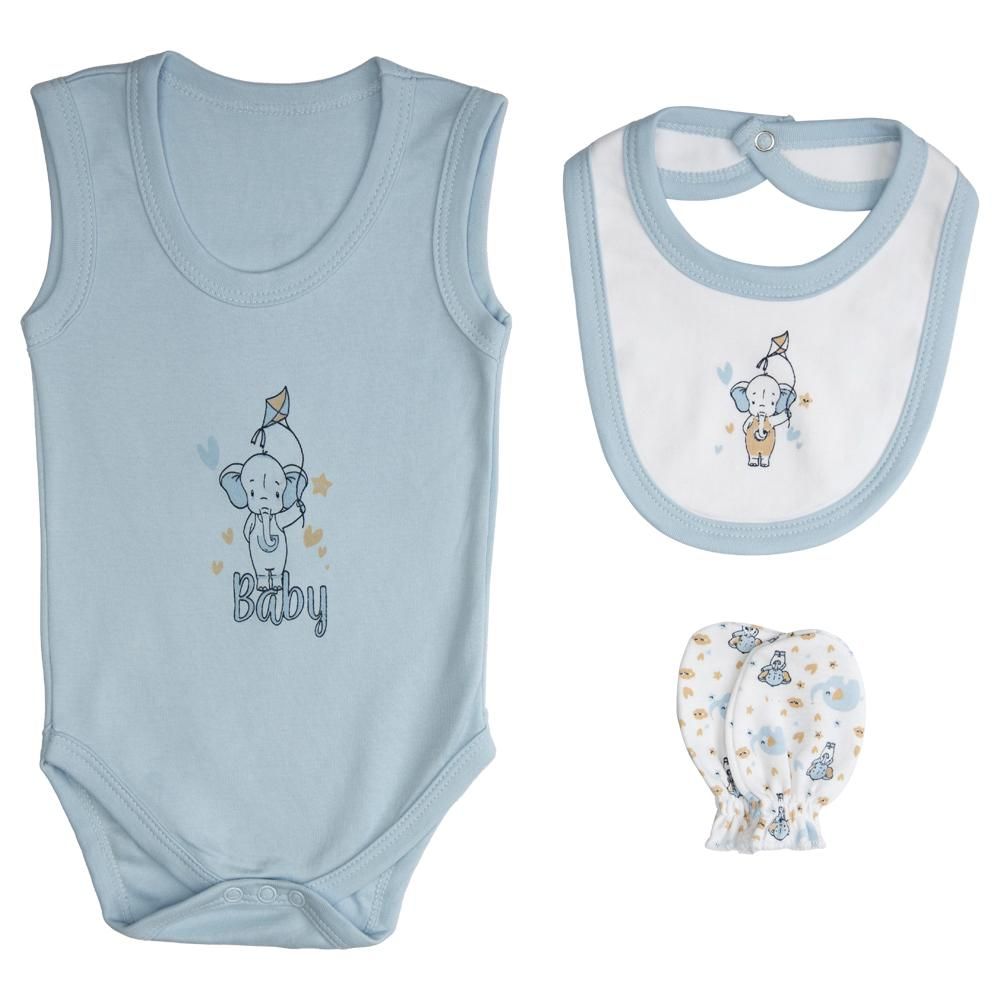 Babies Basic - 7pc Cotton Set - Bib, Romper, Mittens, Socks, Cap, Top & Pyjama - Blue