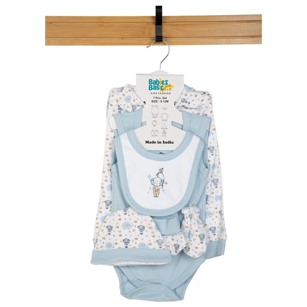 Babies Basic - 7pc Cotton Set - Bib, Romper, Mittens, Socks, Cap, Top & Pyjama - Blue