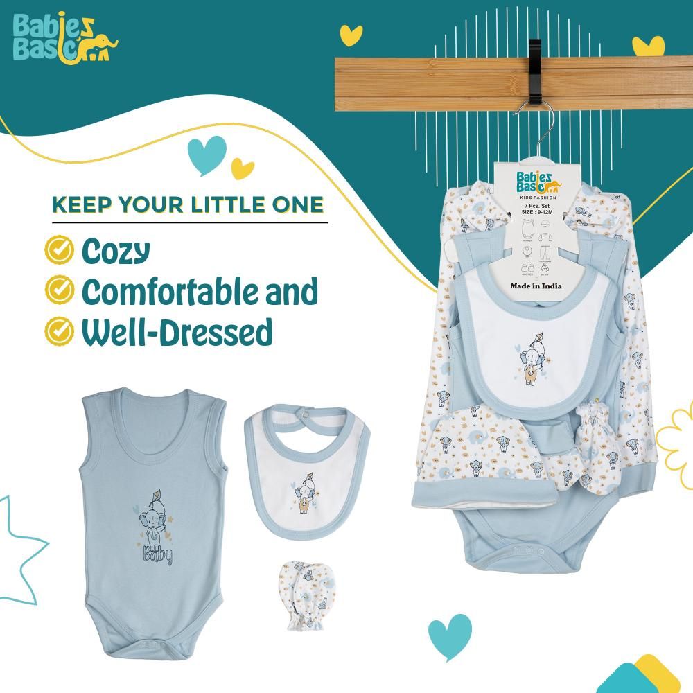 Babies Basic - 7pc Cotton Set - Bib, Romper, Mittens, Socks, Cap, Top & Pyjama - Blue