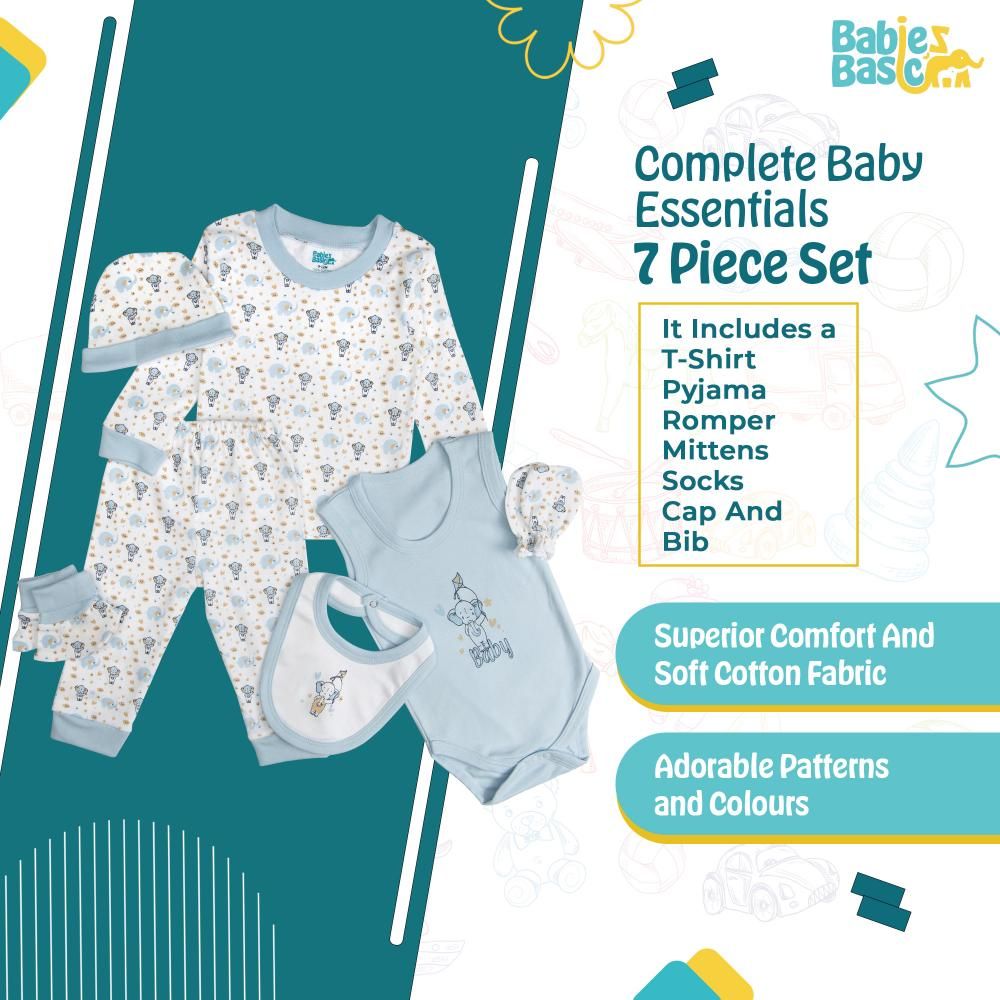 Babies Basic - 7pc Cotton Set - Bib, Romper, Mittens, Socks, Cap, Top & Pyjama - Blue