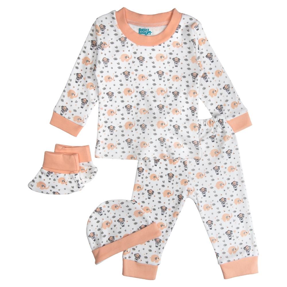 Babies Basic - 7pc Cotton Set - Bib, Romper, Mittens, Socks, Cap, Top & Pyjama - Peach