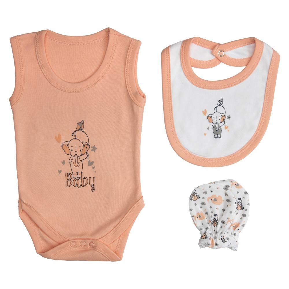 Babies Basic - 7pc Cotton Set - Bib, Romper, Mittens, Socks, Cap, Top & Pyjama - Peach