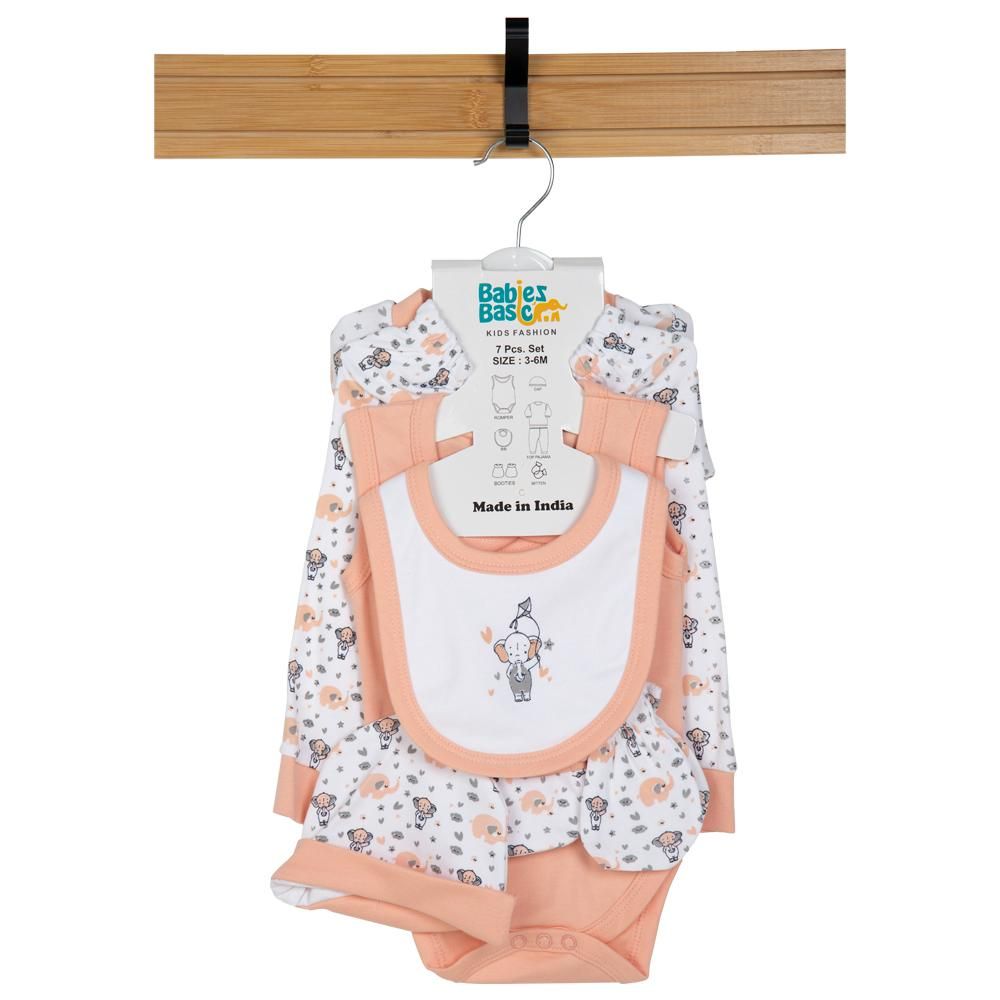 Babies Basic - 7pc Cotton Set - Bib, Romper, Mittens, Socks, Cap, Top & Pyjama - Peach