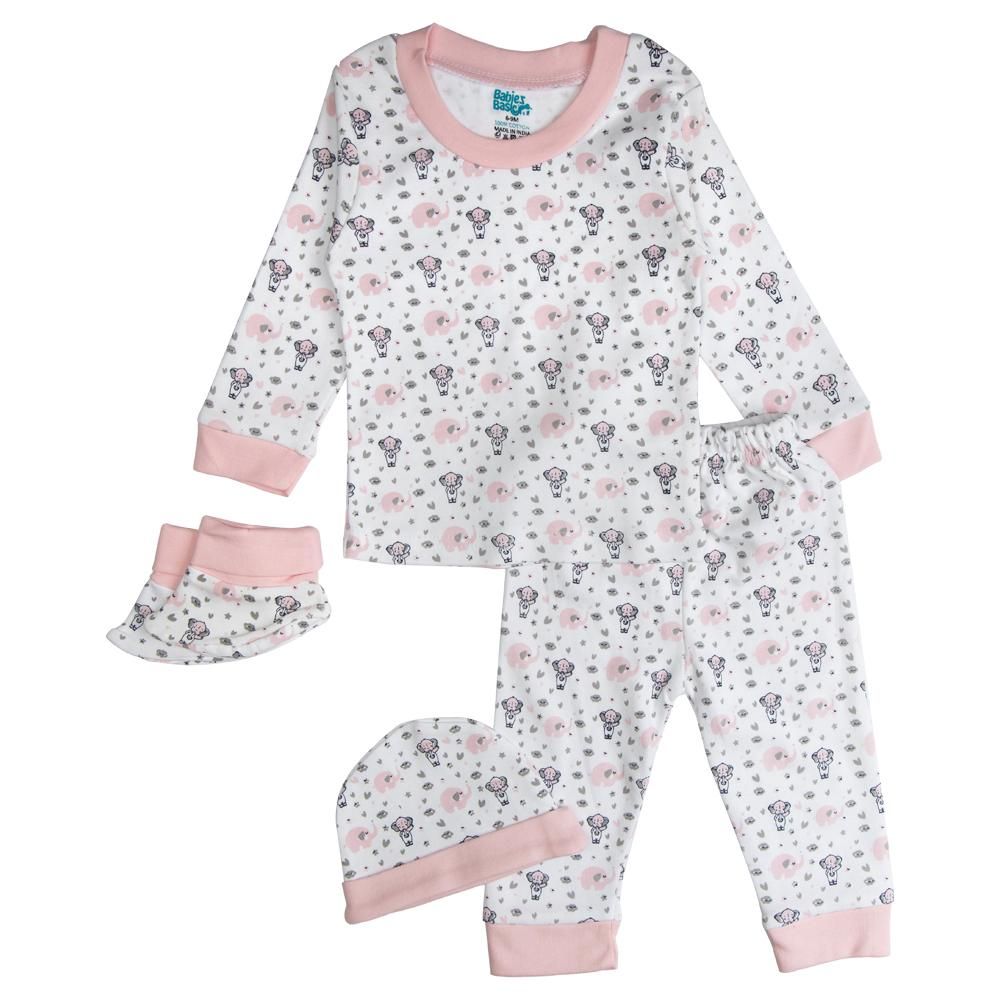 Babies Basic - 7pc Cotton Set - Bib, Romper, Mittens, Socks, Cap, Top & Pyjama - Pink