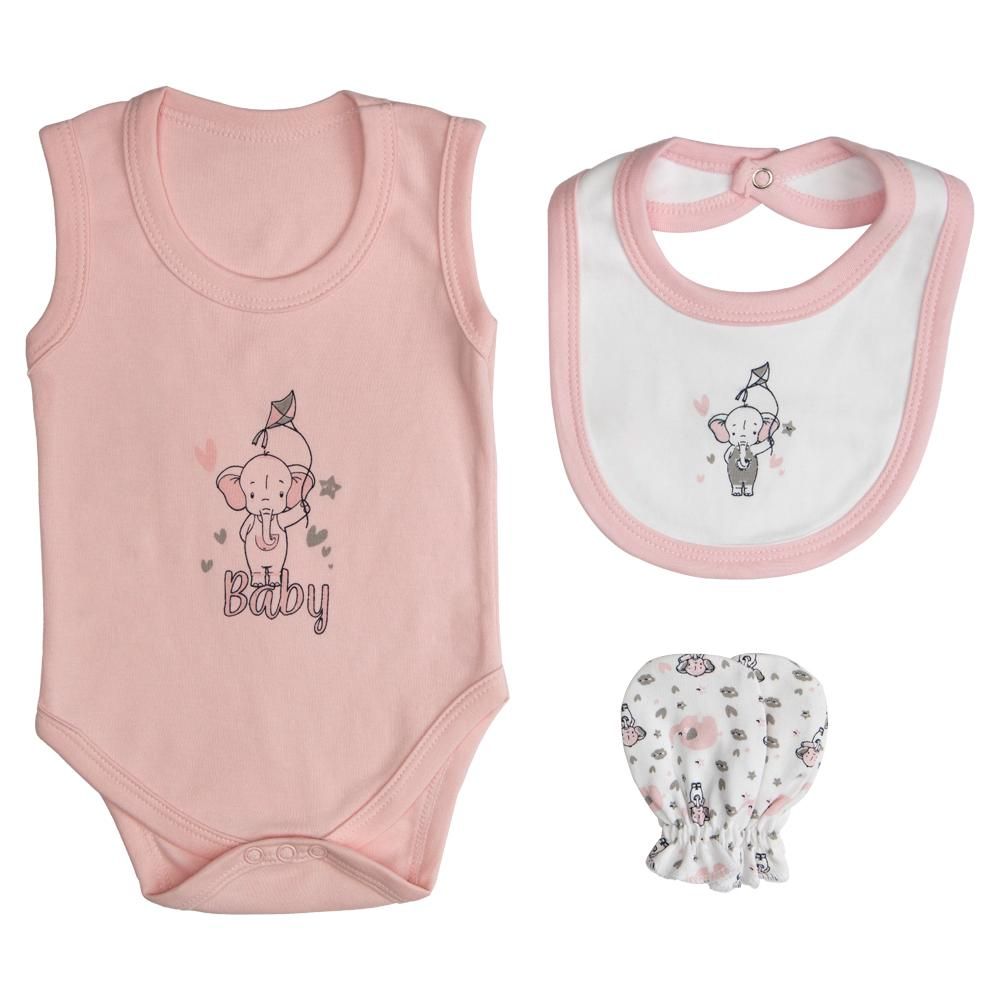 Babies Basic - 7pc Cotton Set - Bib, Romper, Mittens, Socks, Cap, Top & Pyjama - Pink