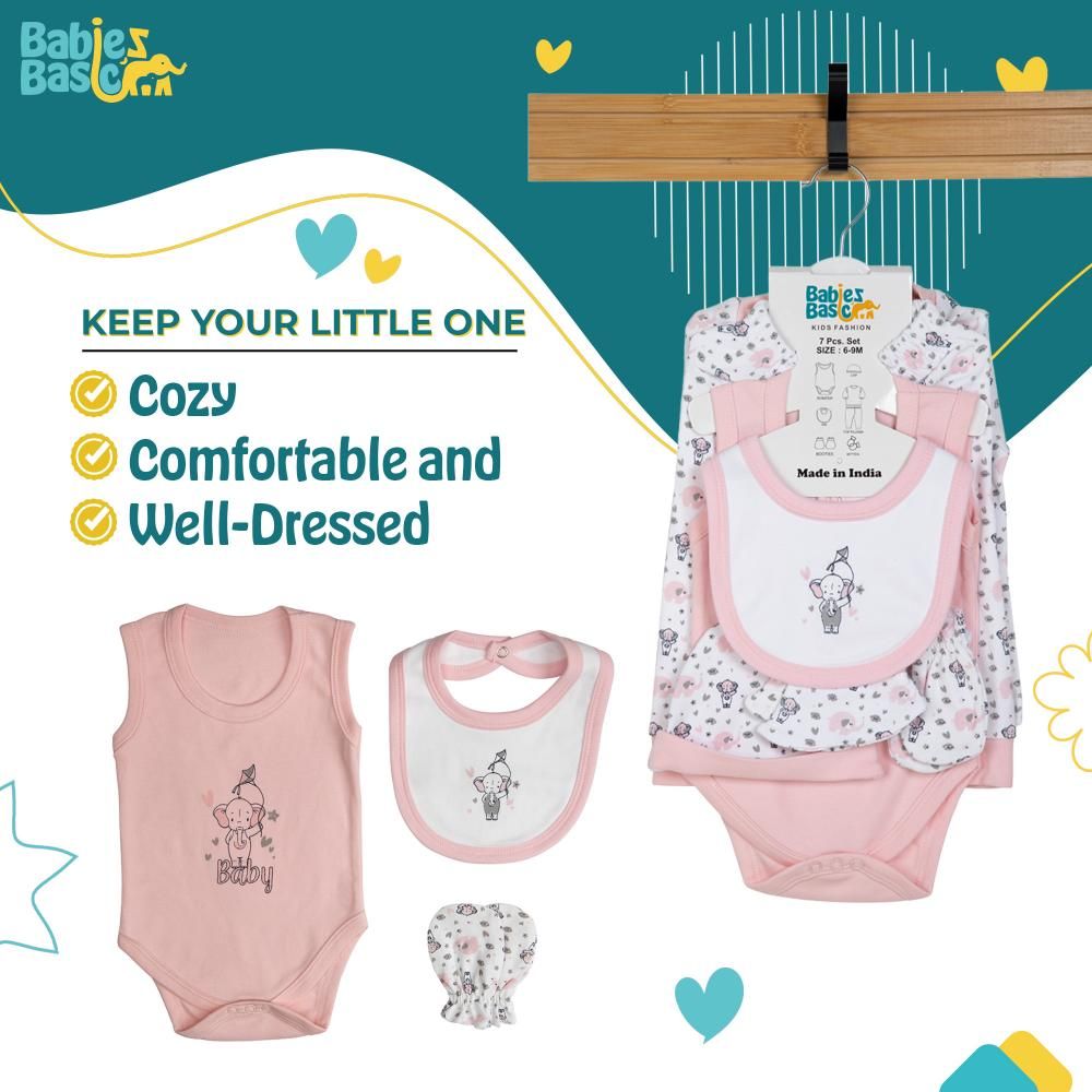 Babies Basic - 7pc Cotton Set - Bib, Romper, Mittens, Socks, Cap, Top & Pyjama - Pink