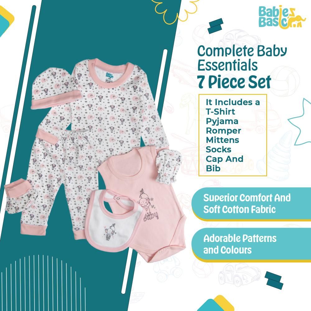 Babies Basic - 7pc Cotton Set - Bib, Romper, Mittens, Socks, Cap, Top & Pyjama - Pink