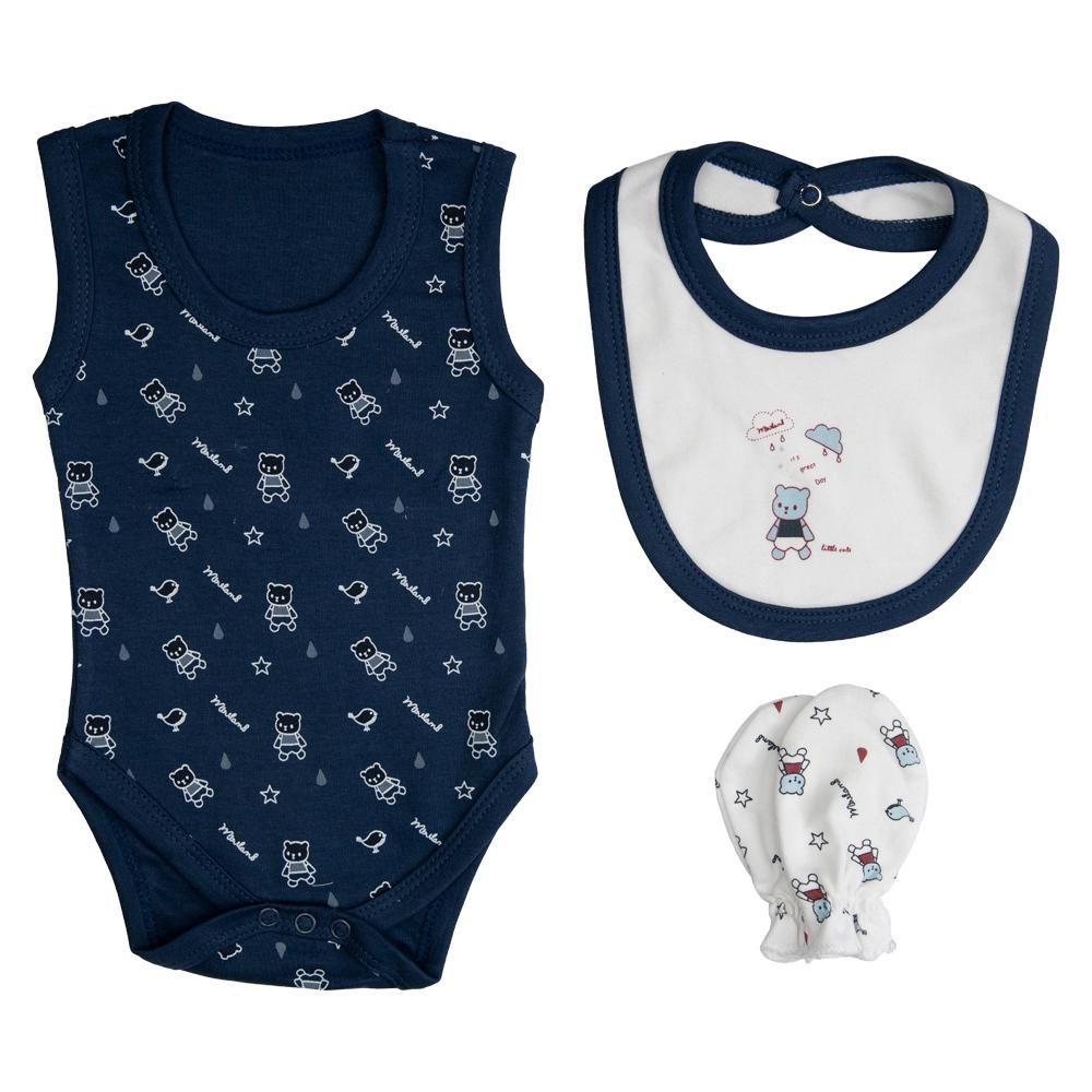 Babies Basic - 7pc Cotton Set - Bib, Romper, Mittens, Socks, Cap, Top & Pyjama - Blue