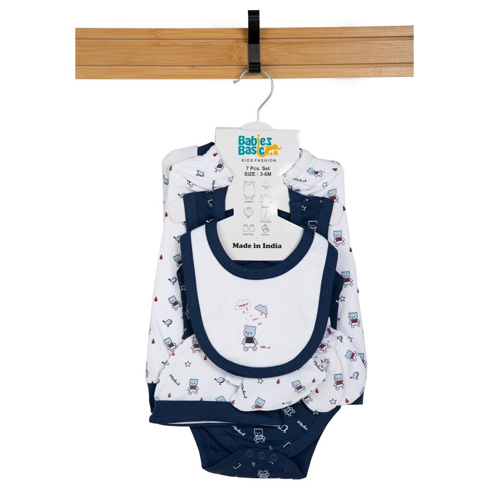 Babies Basic - 7pc Cotton Set - Bib, Romper, Mittens, Socks, Cap, Top & Pyjama - Blue