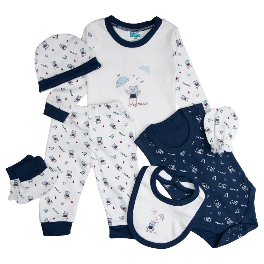 Babies Basic - 7pc Cotton Set - Bib, Romper, Mittens, Socks, Cap, Top & Pyjama - Blue