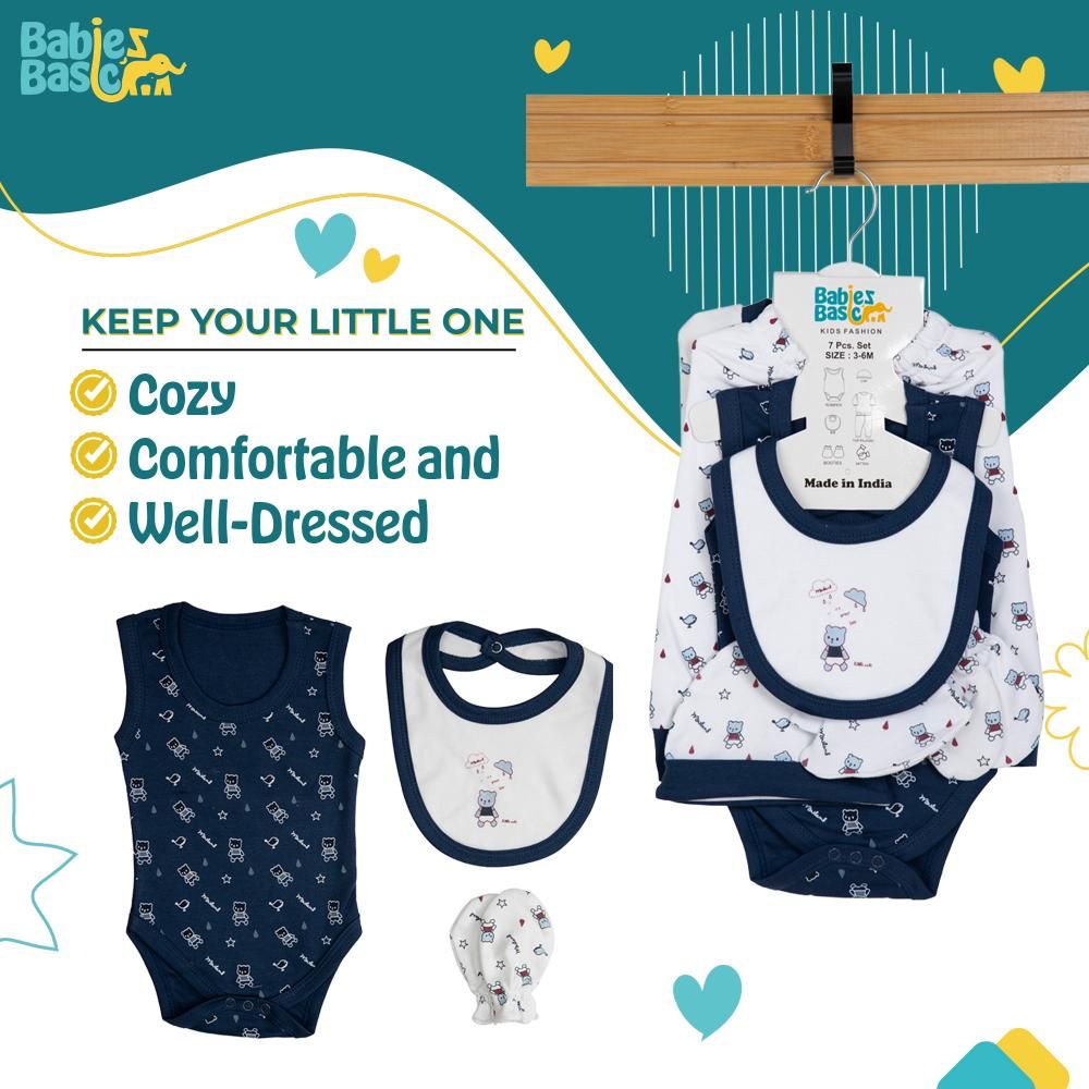 Babies Basic - 7pc Cotton Set - Bib, Romper, Mittens, Socks, Cap, Top & Pyjama - Blue