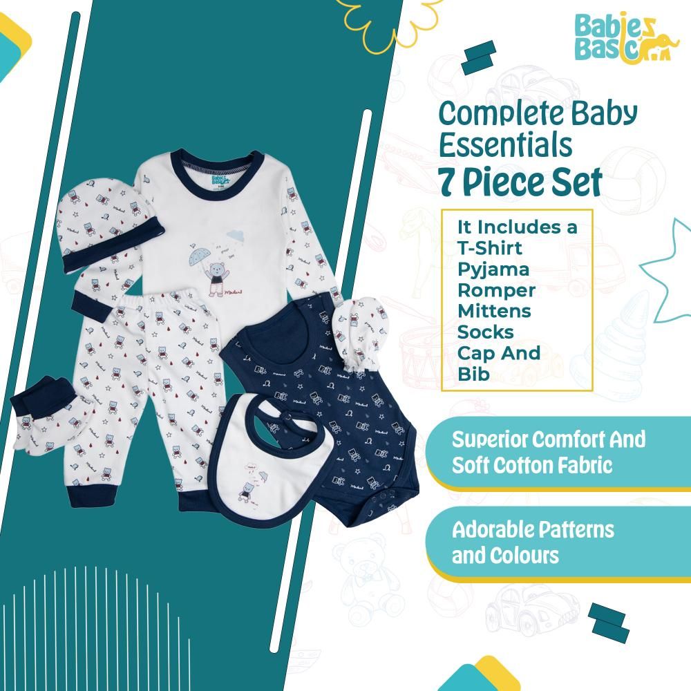 Babies Basic - 7pc Cotton Set - Bib, Romper, Mittens, Socks, Cap, Top & Pyjama - Blue