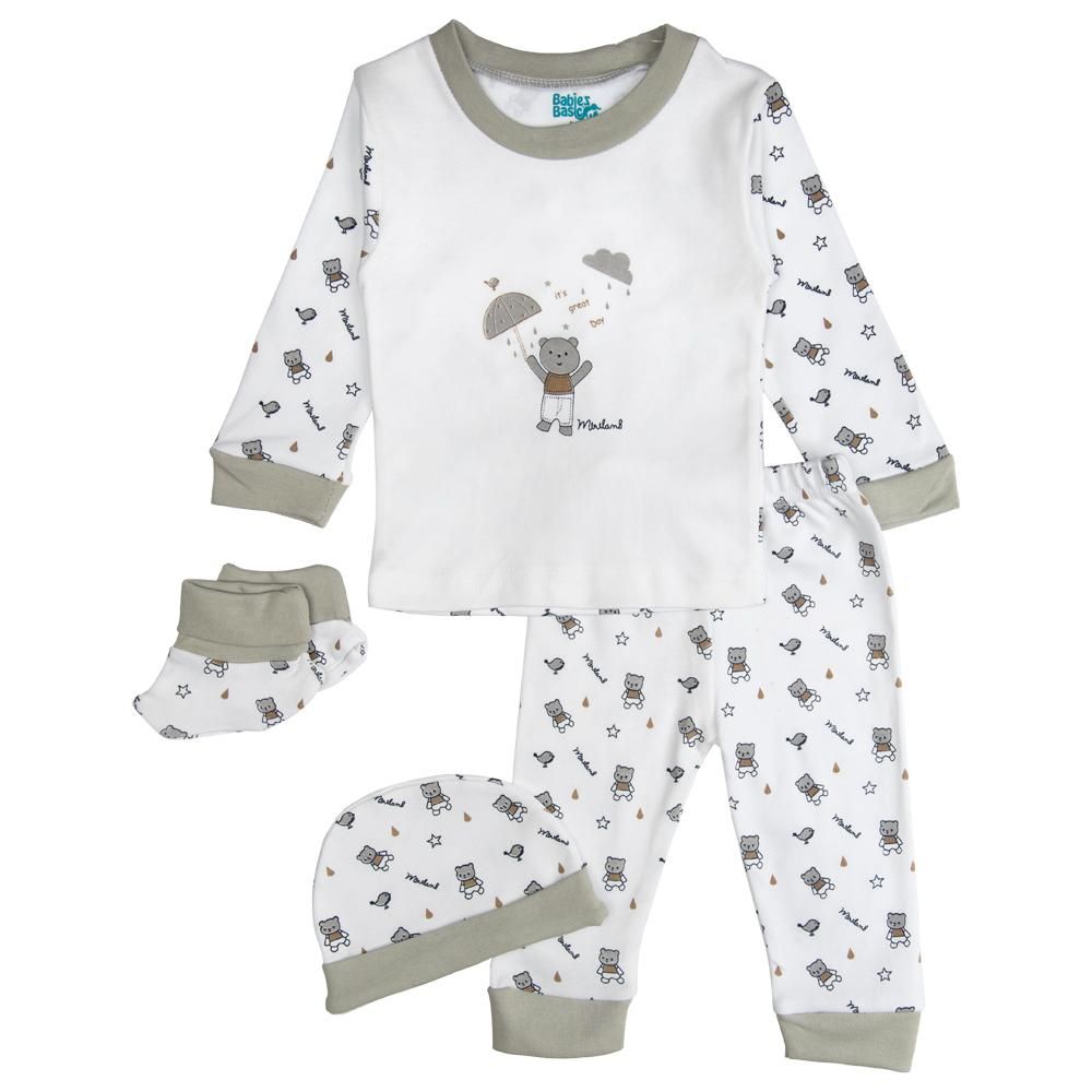 Babies Basic - 7pc Cotton Set - Bib, Romper, Mittens, Socks, Cap, Top & Pyjama - Green