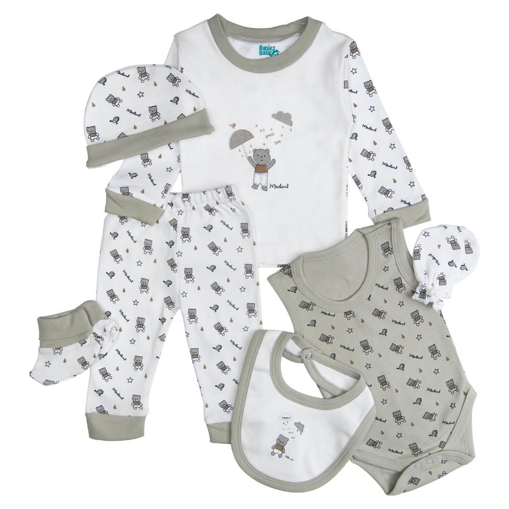 Babies Basic - 7pc Cotton Set - Bib, Romper, Mittens, Socks, Cap, Top & Pyjama - Green