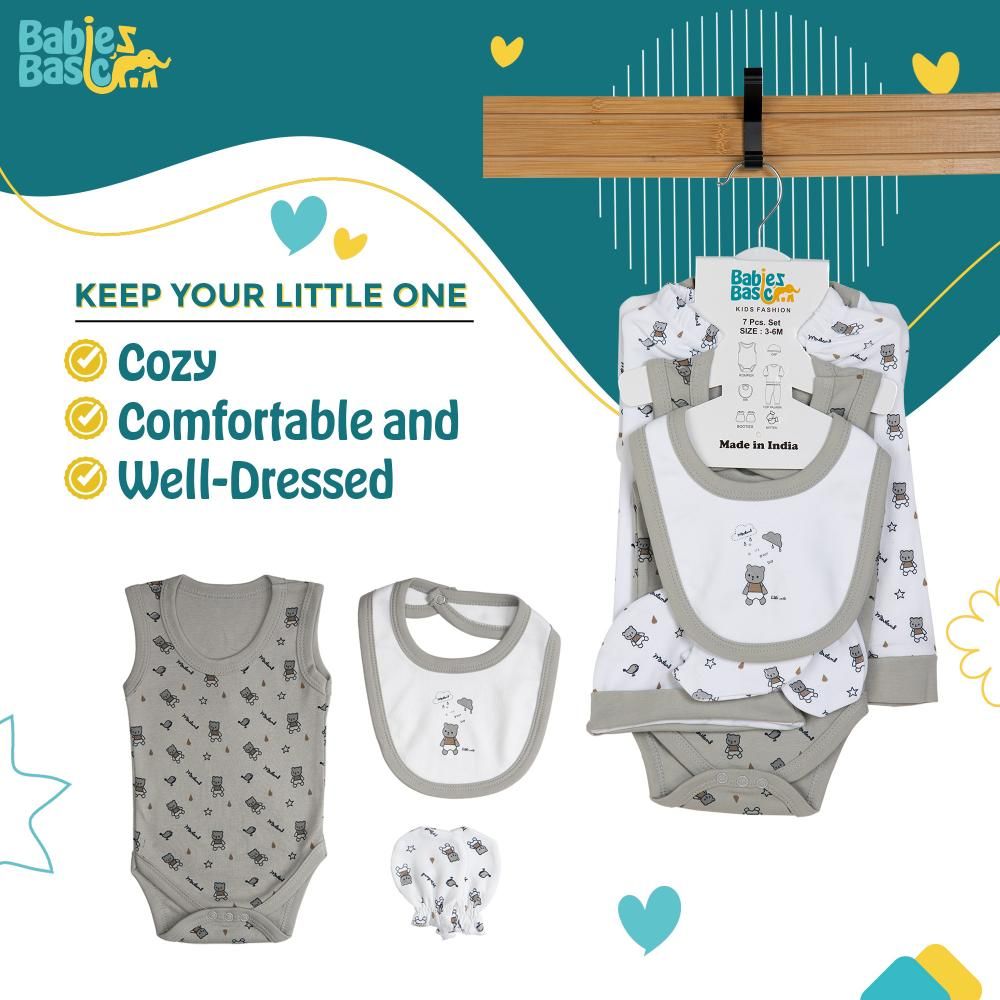 Babies Basic - 7pc Cotton Set - Bib, Romper, Mittens, Socks, Cap, Top & Pyjama - Green