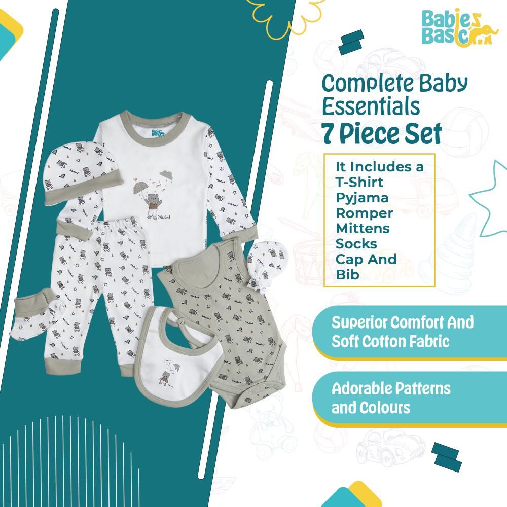 Babies Basic - 7pc Cotton Set - Bib, Romper, Mittens, Socks, Cap, Top & Pyjama - Green