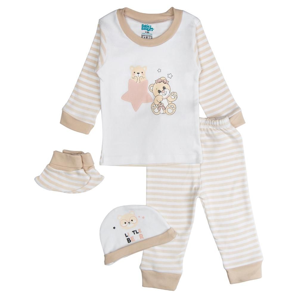 Babies Basic - 7pc Cotton Set - Bib, Romper, Mittens, Socks, Cap, Top & Pyjama - Brown