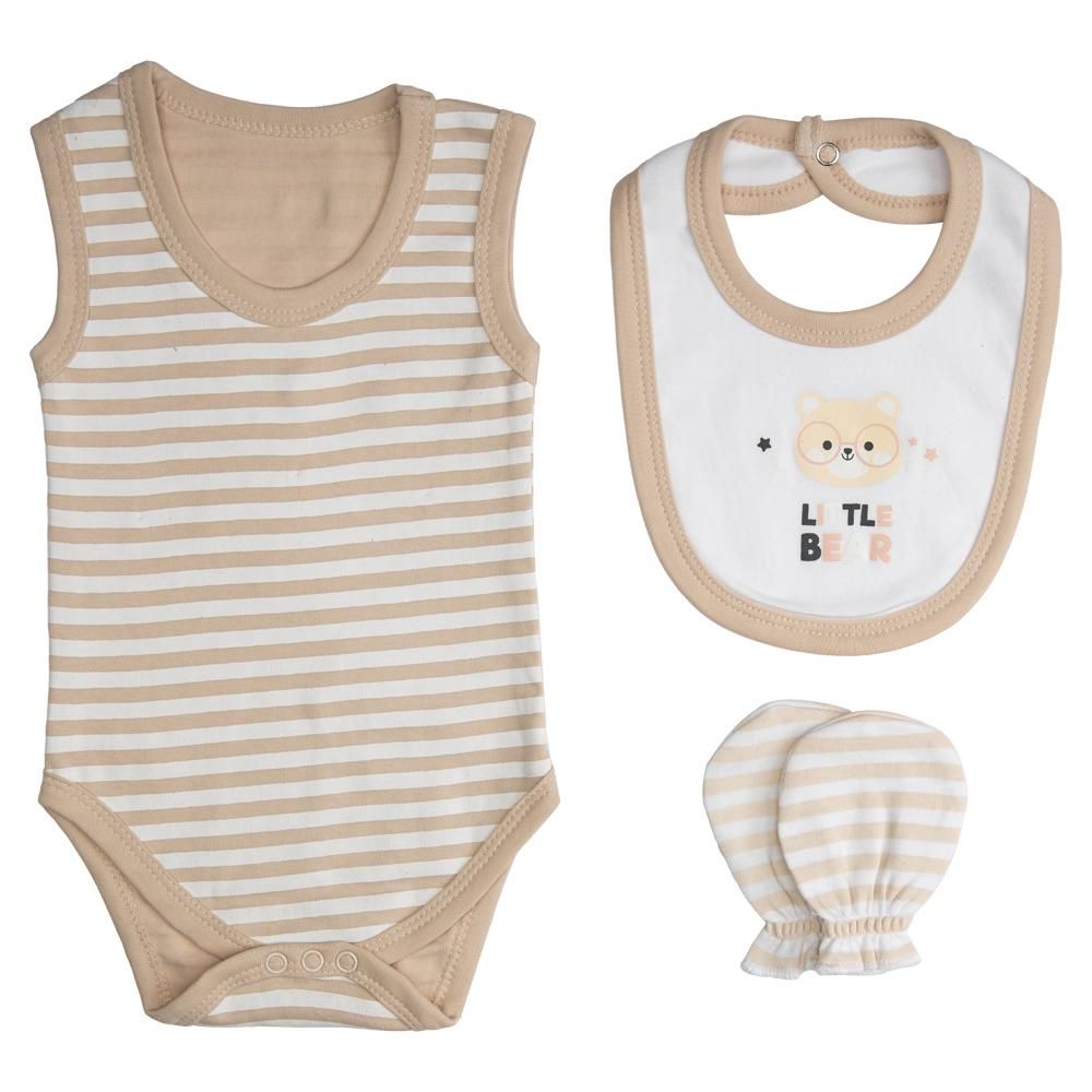 Babies Basic - 7pc Cotton Set - Bib, Romper, Mittens, Socks, Cap, Top & Pyjama - Brown