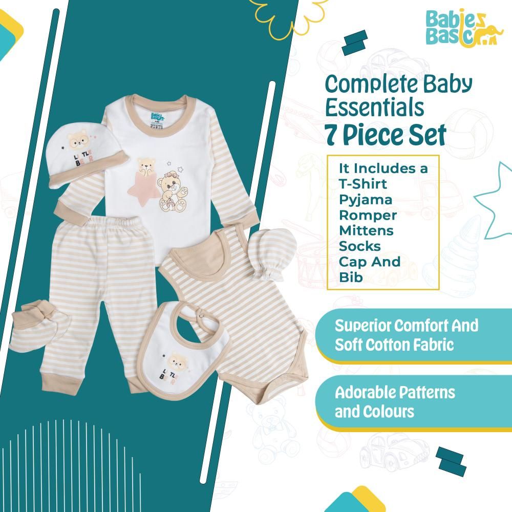 Babies Basic - 7pc Cotton Set - Bib, Romper, Mittens, Socks, Cap, Top & Pyjama - Brown