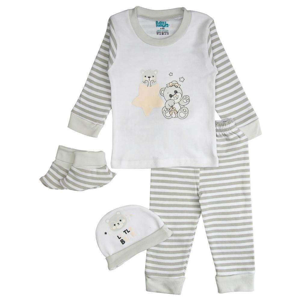 Babies Basic - 7pc Cotton Set - Bib, Romper, Mittens, Socks, Cap, Top & Pyjama - Grey